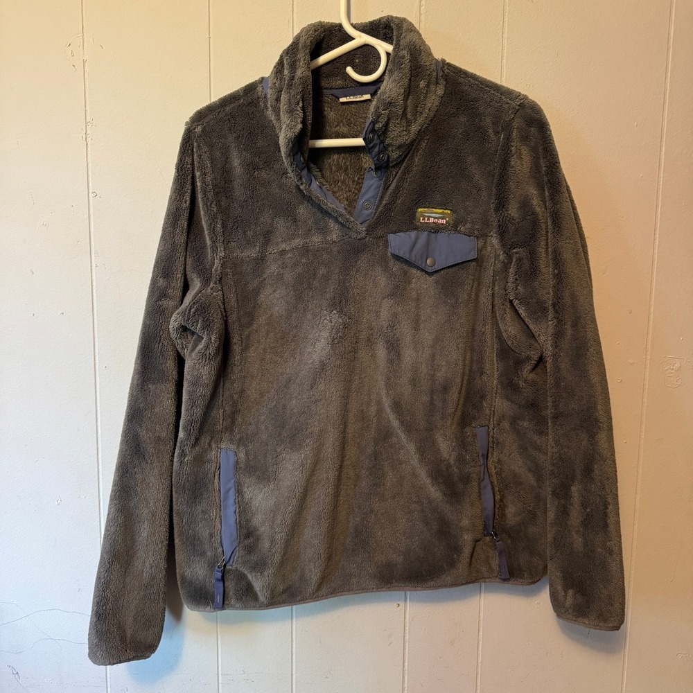 LL Bean‎ Womens Hi-Pile Fleece Snap Pullover Charcoal Gray Jacket M 505112